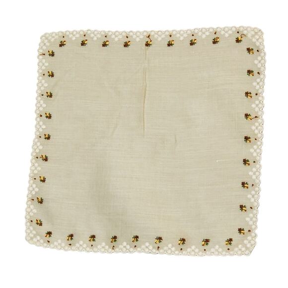 VINTAGE HANDKERCHIEF YELLOW EMBROIDERED PETITE POINT FLOWERS SCALLOPED EDGE LACE - Picture 8 of 8